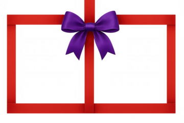 Red ribbon gift frame with purple bow on transparent background, celebrating special occasion, sale, or promotion