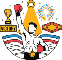 Boxing Championship Icon Pack Trophy, Medal, Championship Belt, Scoreboard, Fireworks, Ring, Victory Banner, and Fighter Pose Graphics