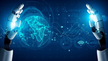 A captivating depiction of robotic hands reaching toward a holographic globe, emphasizing themes of technology, global communication, and digital innovation. Xenic