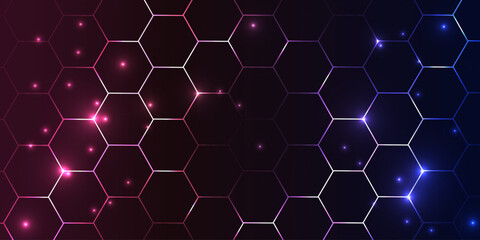 Glowing futuristic neon hexagon background, realistic vector bg with honeycomb for digital technology, medicine, science, bio, tech, game.