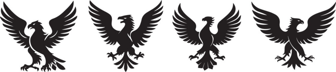 Obraz premium Vector art of four heraldic eagles in black silhouette on a beige background, vintage style