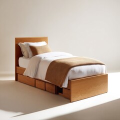 A light-toned wooden bed with storage drawers, featuring a neutral color palette and simple design, sits on a white background.