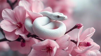 White snake coiled on pink blooming branch in surreal infrared dreamlike scene&rdquo;Fantastic Frontiers Digital Artwork series ar 16:9
