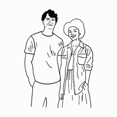 Black and White Line Art Illustration of a Smiling Young Multiethnic Couple Standing Together Casually