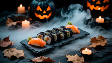 Halloween food. Sushi platter featuring colorful rolls and salmon, presented on a dark slate board, surrounded by candles and autumn leaves, creating a spooky Halloween atmosphere