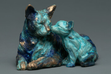 Blue and gold cat sculpture with kitten