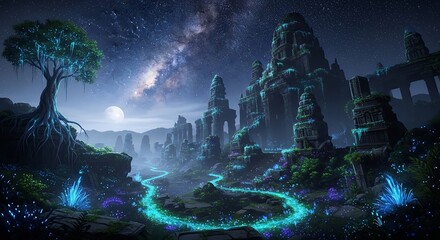 Fototapeta premium Discover a stunning fantasy landscape with ancient ruins bathed in moonlight, perfect for adding a magical touch to your creative projects and visual storytelling