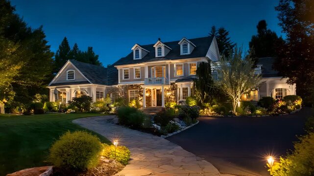 Luxury home exterior highlighted with white floodlights, lush green yard glowing with decorative lamp posts