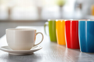 White porcelain teacup and saucer beside colorful modern mugs on wooden table, bright cozy kitchen scene