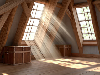 Obraz premium Dusty attic trunk sunlight beams wooden rafters window pane warm light nostalgic mood