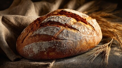 Artisan bread loaf on burlap cloth with wheat stalks in golden hour lighting