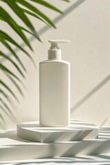Minimalist White Cosmetic Bottle Displayed Under Natural Sunlight with Palm Leaves Casting Shadows on Background