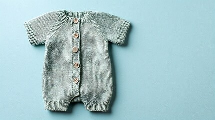 Knitted baby jumpsuit in a soft mint color on a plain background. Minimalistic composition from top to bottom, ideal for children's clothing stores, catalogs or online stores.