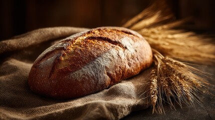Artisan bread loaf on burlap cloth with wheat stalks in golden hour lighting