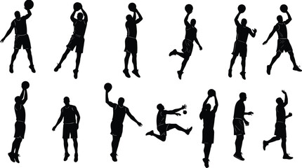 Basketball player silhouette set, dribbling, shooting, jumping, passing poses, sports action vector for game, athlete, team, training, competition