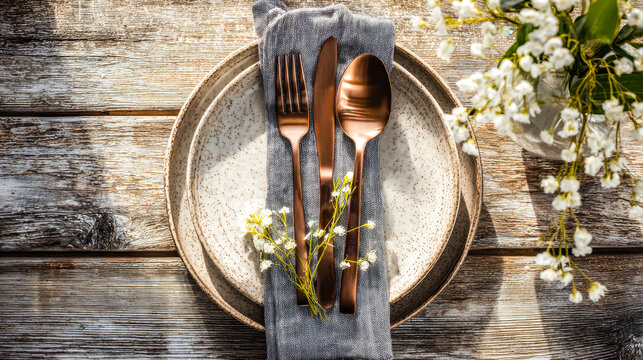 Elegant copper cutlery set on a rustic wooden table with floral accents for a sophisticated dining setting