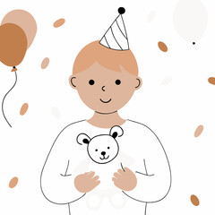 Birthday boy holding stuffed animal, joyful, in a colorful modern illustration style