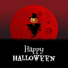Happy Halloween  background with a scarecrow, bats flying and a full red moon. and tombstone in background