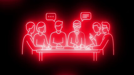 Dynamic neon red outline illustration of a diverse business team engaging in a collaborative meeting, fostering discussion, brainstorming, and effective communication, against a dark background
