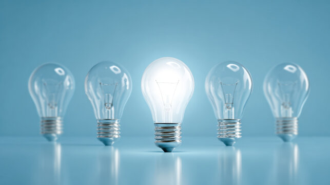 A glowing light bulb shining brightly among a row of unlit bulbs representing innovation, creativity, and standing out from the crowd concept on a soft blue background