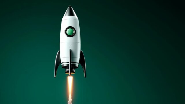 A rocket launching with flames and smoke against a green background.