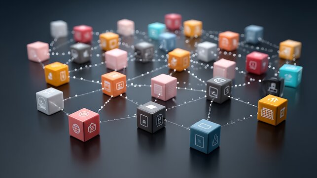 Network connection social media cubes communication teamwork collaboration community business strategy system.