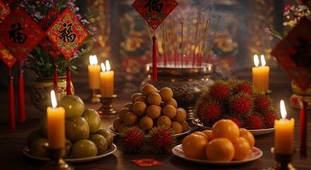 Traditional Vietnamese Ancestor Altar Adorned with Fresh Fruits, Candles, and Incense, Offering Prayers and Respect During Tet Holiday.