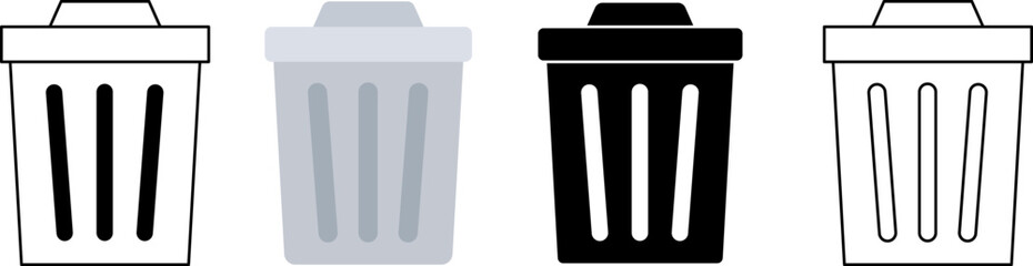 Four stylized trash cans in a row with varying levels of detail