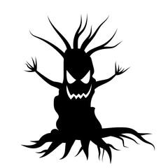 Black Halloween tree with facial expression and a spider web. 