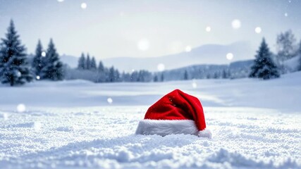 A red Santa hat partially buried in white snow, surrounded by evergreen trees and a snowy landscape under a gray sky. - Powered by Adobe