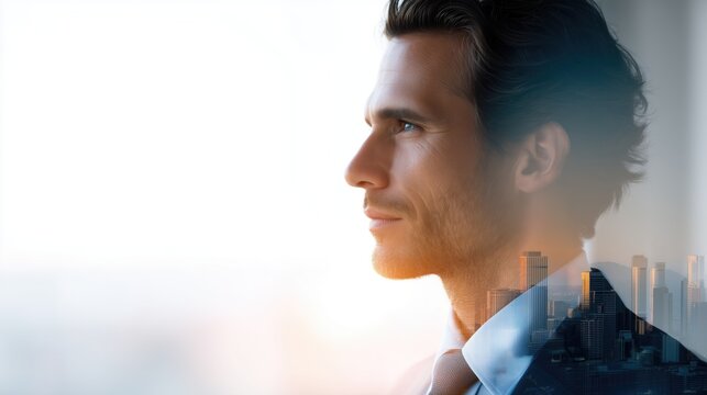 Double exposure businessman with city skyline at sunrise – leadership, vision and success in business