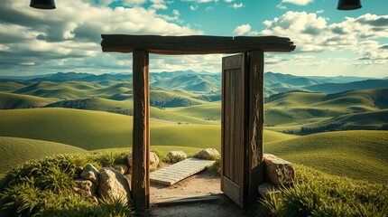 Rustic doorway opening to surreal rolling hills with dreamy cottagecore aesthetic&rdquo;Fantastic Frontiers Digital Artwork series ar 16:9
