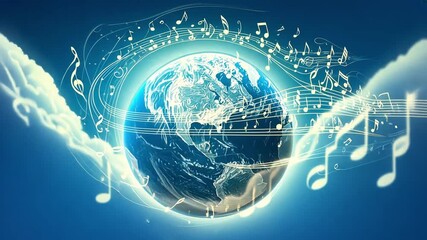 A stylized globe surrounded by musical notes and clouds. The scene conveys a sense of harmony and connection through music and the planet.
