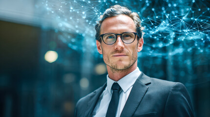 Confident businessman in suit wearing glasses standing with a digital network overlay symbolizing connectivity and modern technology innovation in the background