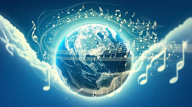 A stylized globe surrounded by musical notes and clouds. The scene conveys a sense of harmony and connection through music and the planet.