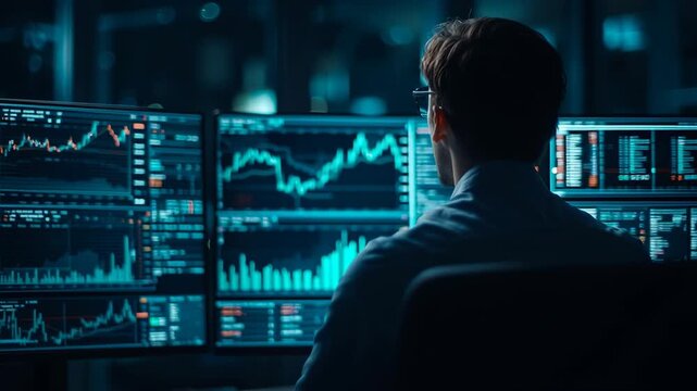 A professional analyzing data on multiple computer screens in a dark room.
