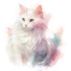 水彩画風の白いふわふわの猫のポートレート