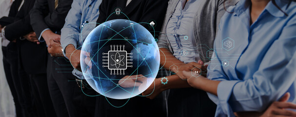 A diverse group of professionals stand united, showcasing collaboration in technology. Visual...