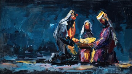 Colorful abstract painting of nativity scene with holy family, celebrating Christmas and religious symbolism