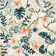 A seamless botanical pattern featuring tropical leaves, vines, and flowers in a muted color palette of teal, peach, and cream.