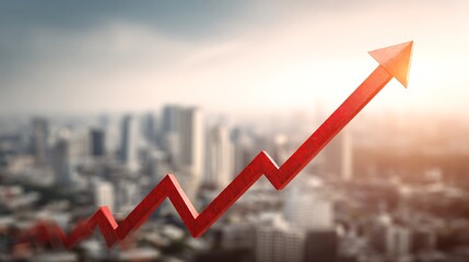 Red arrow graph pointing upwards symbolizes growth and success against cityscape background, representing positive trends and progress.