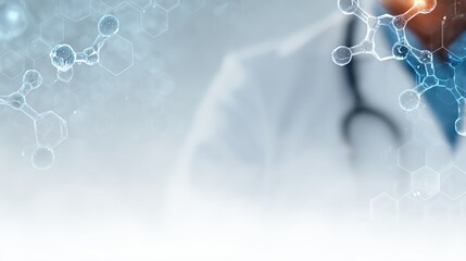Abstract molecular medical background with hexagonal structures and healthcare professional, ideal for scientific or biotech visuals