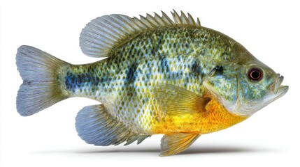 Fototapeta premium Underwater scene features a beautifully colored fish swimming gracefully. Its bright scales reflect the sunlight highlighting intricate patterns and colors in the shimmering water.