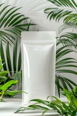 Blank Packaging Container Surrounded by Lush Green Plants in a Minimalistic Studio Environment