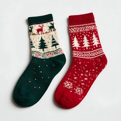 Pair of Christmas socks displayed on blank background