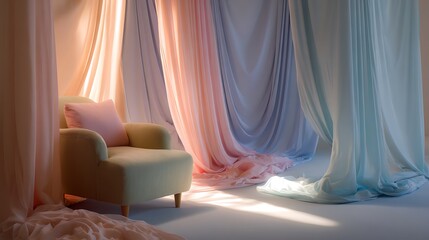 Soft pastel fabrics draped elegantly create a serene atmosphere in a softly lit setting.