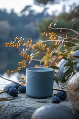 Candle Surrounded by Stones and Plants Near Calm Water at Dusk in a Serene Natural Landscape