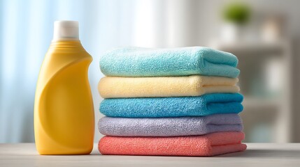 Stack of colorful folded towels with laundry detergent bottle, bright clean laundry room, top selling stock style.