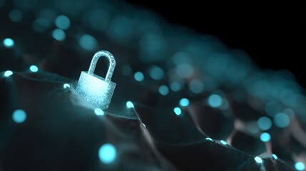 An illustration of a cybersecurity concept, with a digital padlock protecting a network of glowing nodes from malicious code.