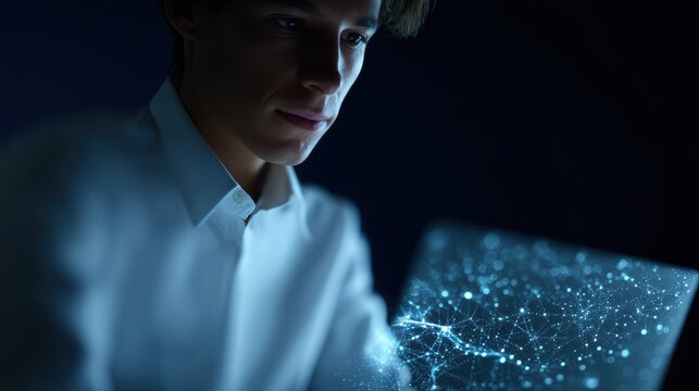 A data scientist working on a laptop, with a complex network of glowing data points and lines flowing out of the screen, against a dark, futuristic backdrop.